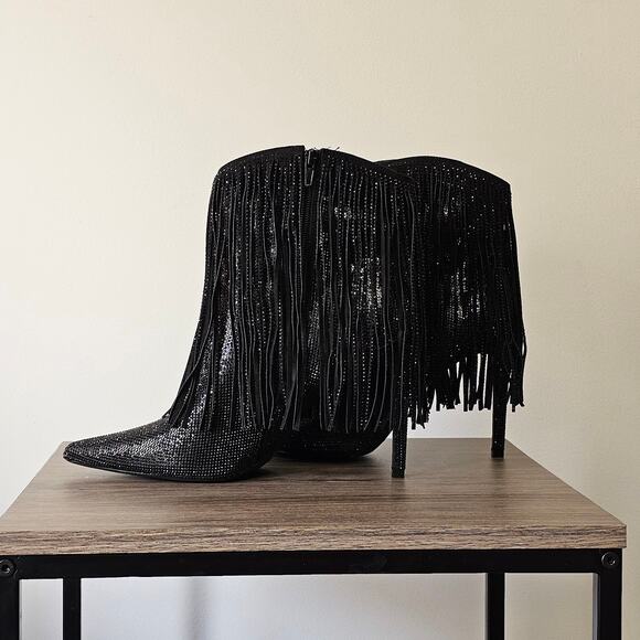 INC International Concepts Rhinestone Fringed Heeled Booties Size 11 Black NWT - Picture 1 of 6
